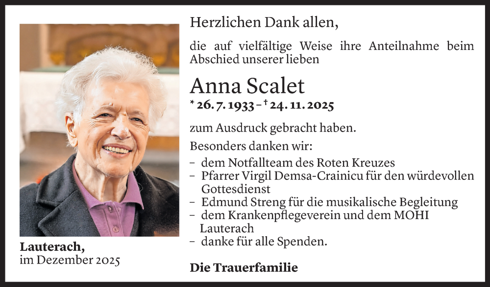  Todesanzeige für Anna Scalet vom 26.12.2025 aus vorarlberger nachrichten