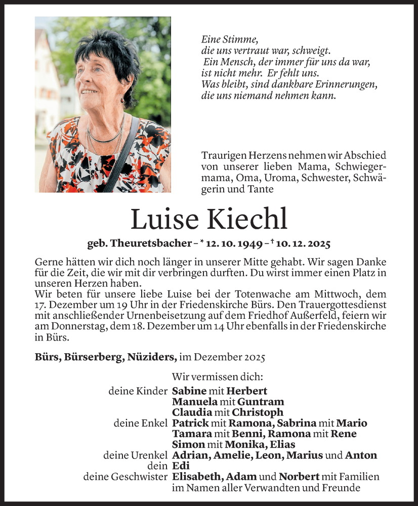  Todesanzeige für Luise Kiechl vom 13.12.2025 aus vorarlberger nachrichten
