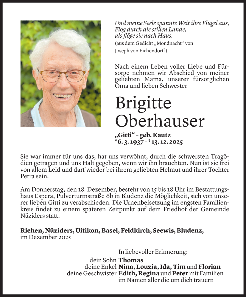  Todesanzeige für Brigitte Oberhauser vom 16.12.2025 aus vorarlberger nachrichten