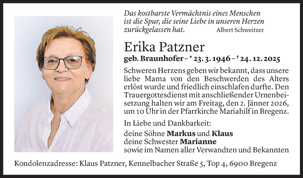  Todesanzeige für Erika Patzner vom 29.12.2025 aus Vorarlberger Nachrichten