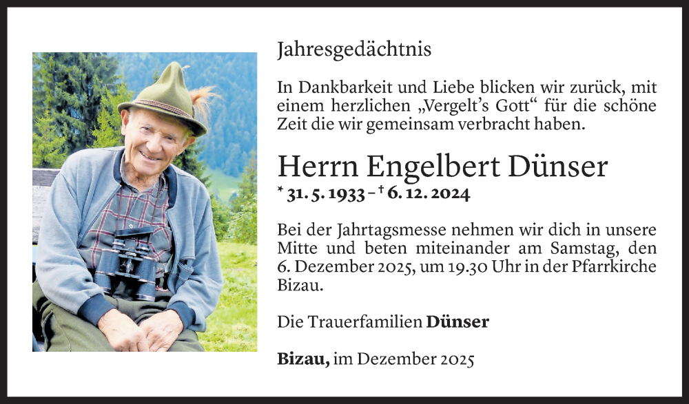  Todesanzeige für Engelbert Dünser vom 06.12.2025 aus vorarlberger nachrichten