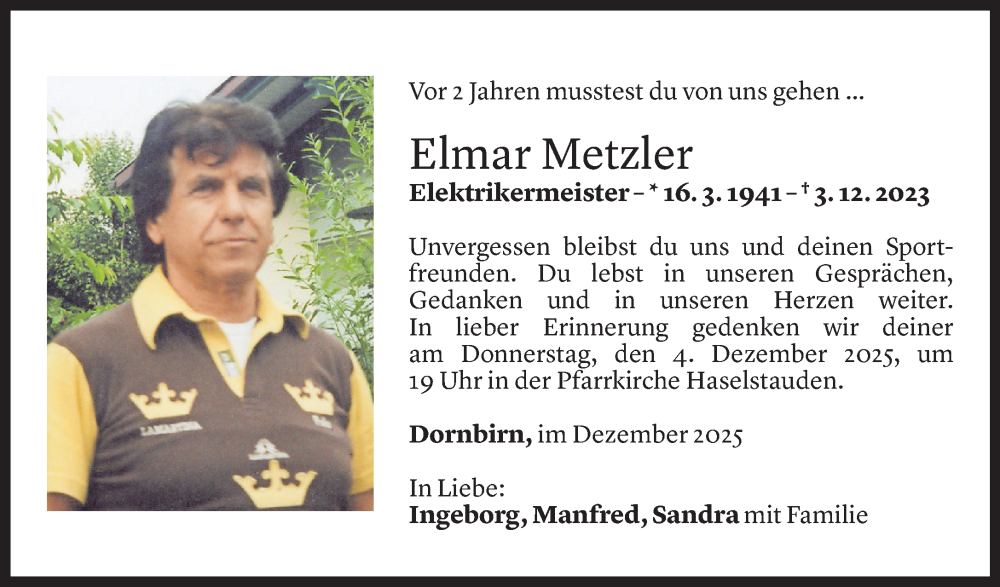  Todesanzeige für Elmar Metzler vom 02.12.2025 aus Vorarlberger Nachrichten