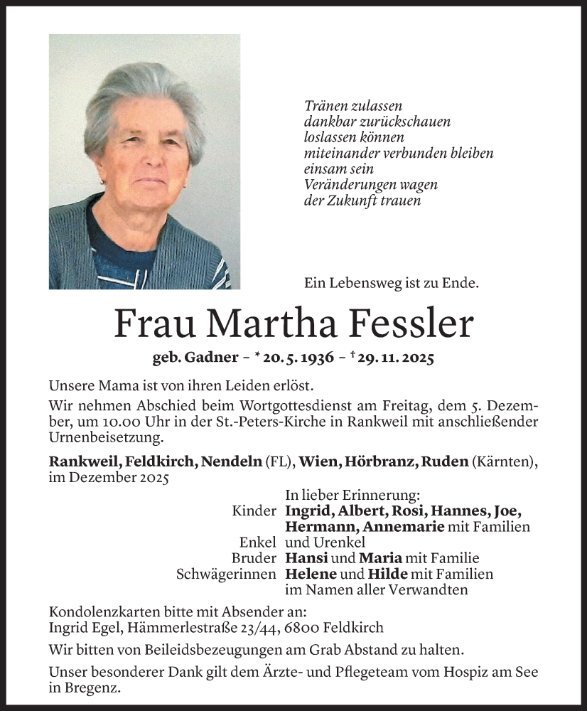  Todesanzeige für Martha Fessler vom 02.12.2025 aus VN