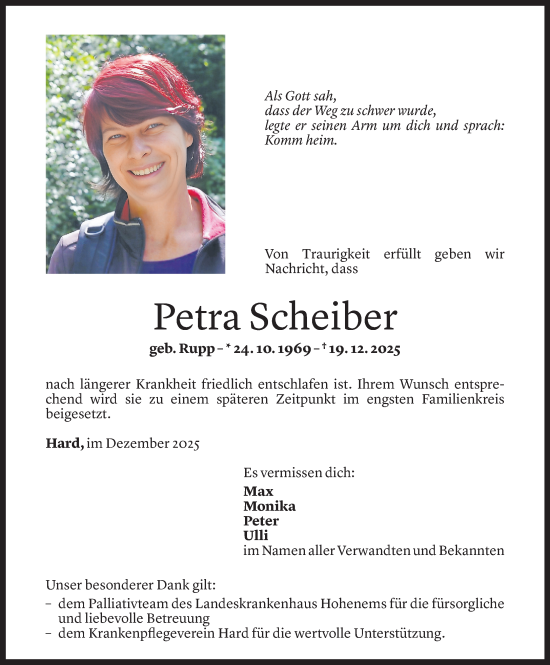Todesanzeige von Petra Scheiber von vorarlberger nachrichten