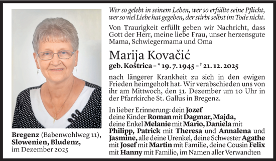 Todesanzeige von Marija Kovacic von vorarlberger nachrichten