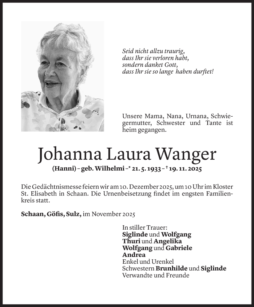  Todesanzeige für Johanna Laura Wanger vom 02.12.2025 aus Vorarlberger Nachrichten
