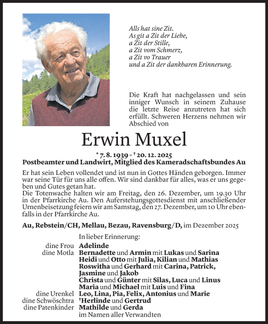 Todesanzeige von Erwin Muxel von vorarlberger nachrichten