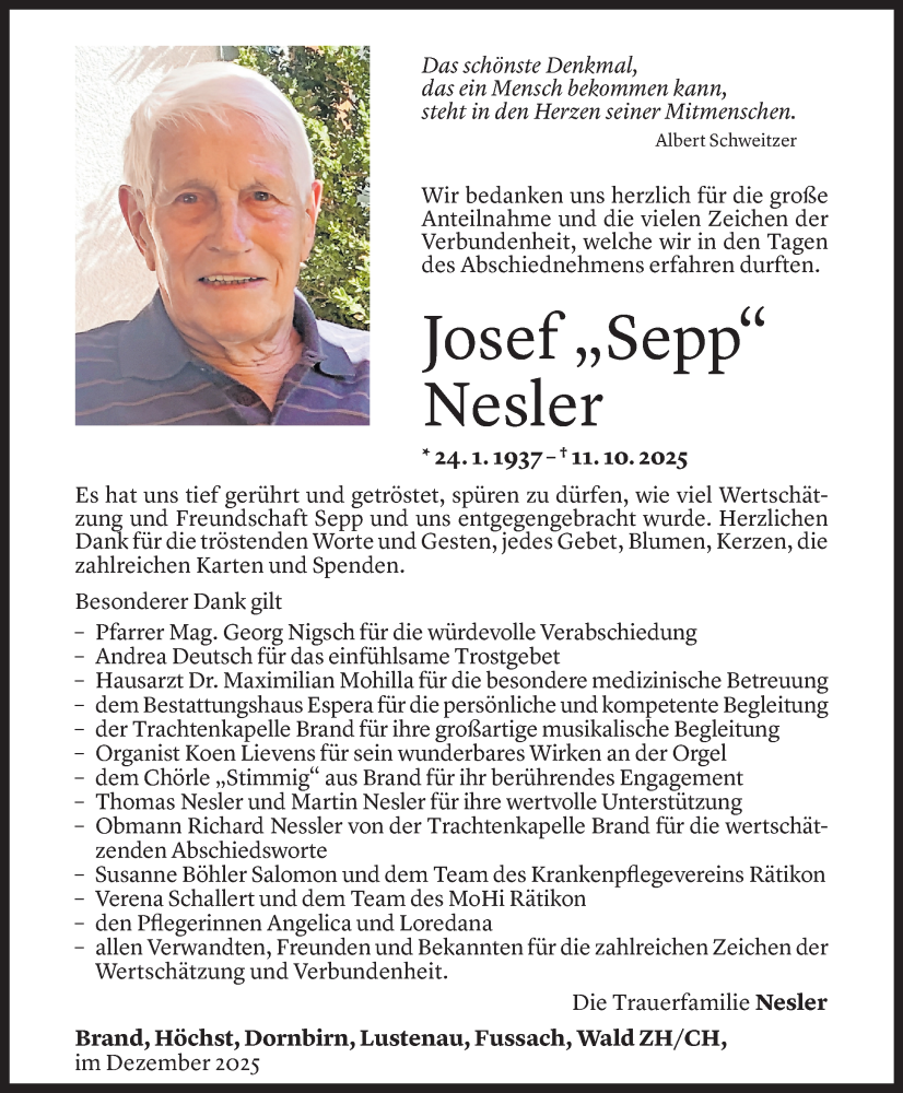  Todesanzeige für Josef Nesler vom 27.12.2025 aus vorarlberger nachrichten