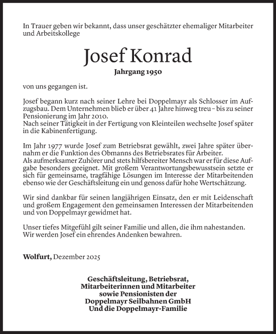 Todesanzeige von Josef Konrad von Vorarlberger Nachrichten