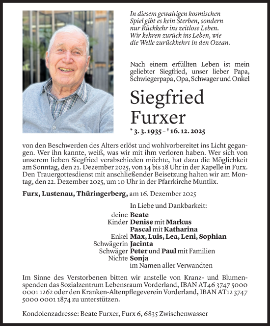 Todesanzeige von Siegfried Furxer von Vorarlberger Nachrichten