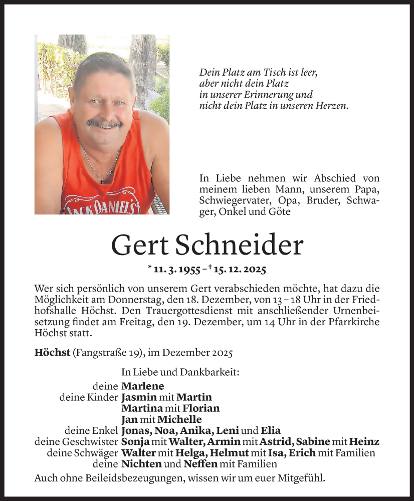 Todesanzeige für Gert Schneider vom 16.12.2025 aus Vorarlberger nachrichten