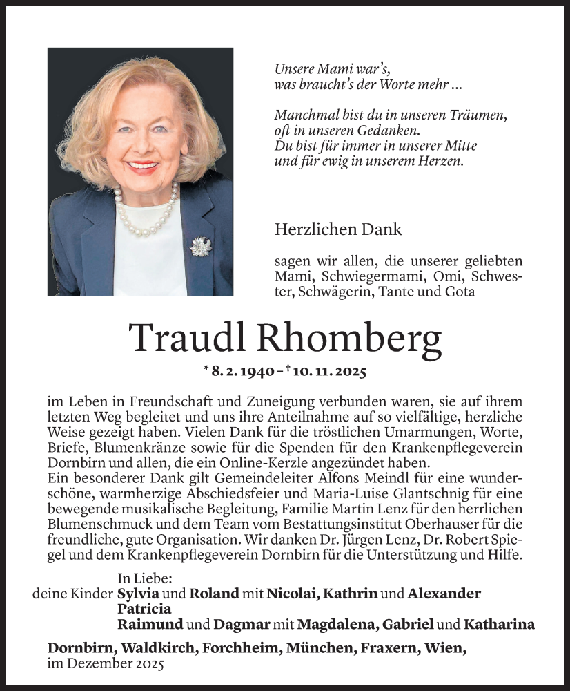 Todesanzeige für Traudl Rhomberg vom 19.12.2025 aus vorarlberger nachrichten