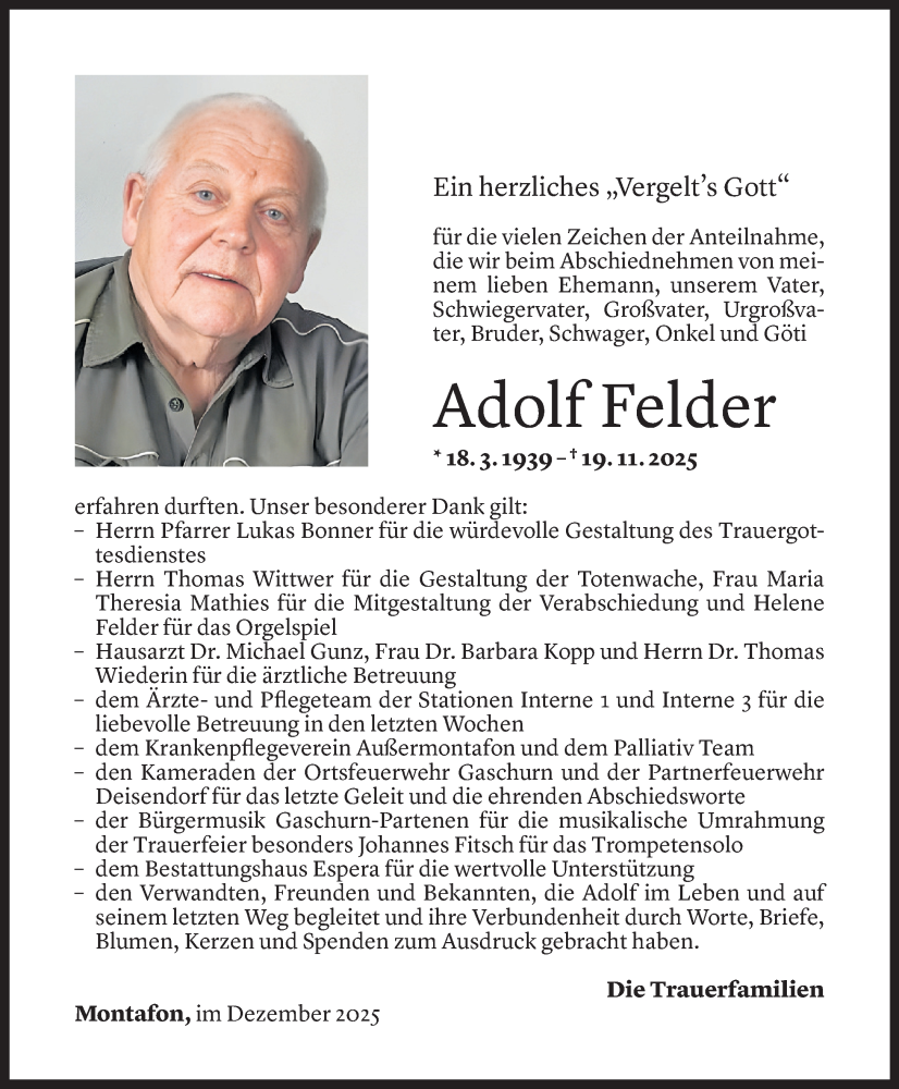 Todesanzeige für Adolf Felder vom 04.12.2025 aus Vorarlberger Nachrichten