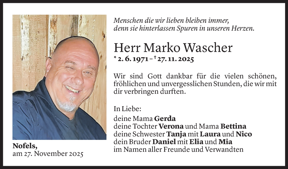  Todesanzeige für Marko Wascher vom 01.12.2025 aus vorarlberger nachrichten