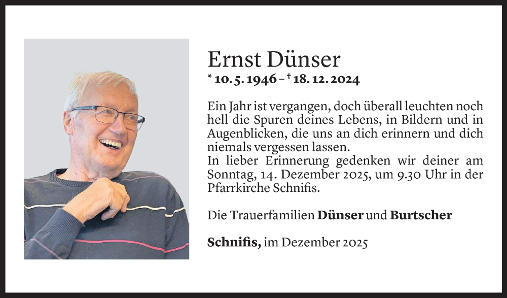  Todesanzeige für Ernst Dünser vom 11.12.2025 aus Vorarlberger Nachrichten