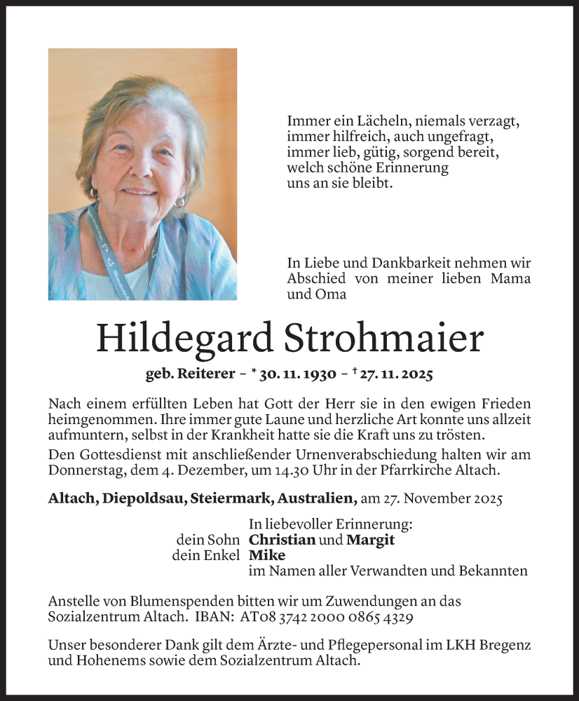  Todesanzeige für Hildegard Strohmaier vom 02.12.2025 aus Vorarlberger nachrichten