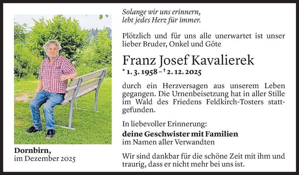  Todesanzeige für Franz Josef Kavalierek vom 13.12.2025 aus vorarlberger nachrichten