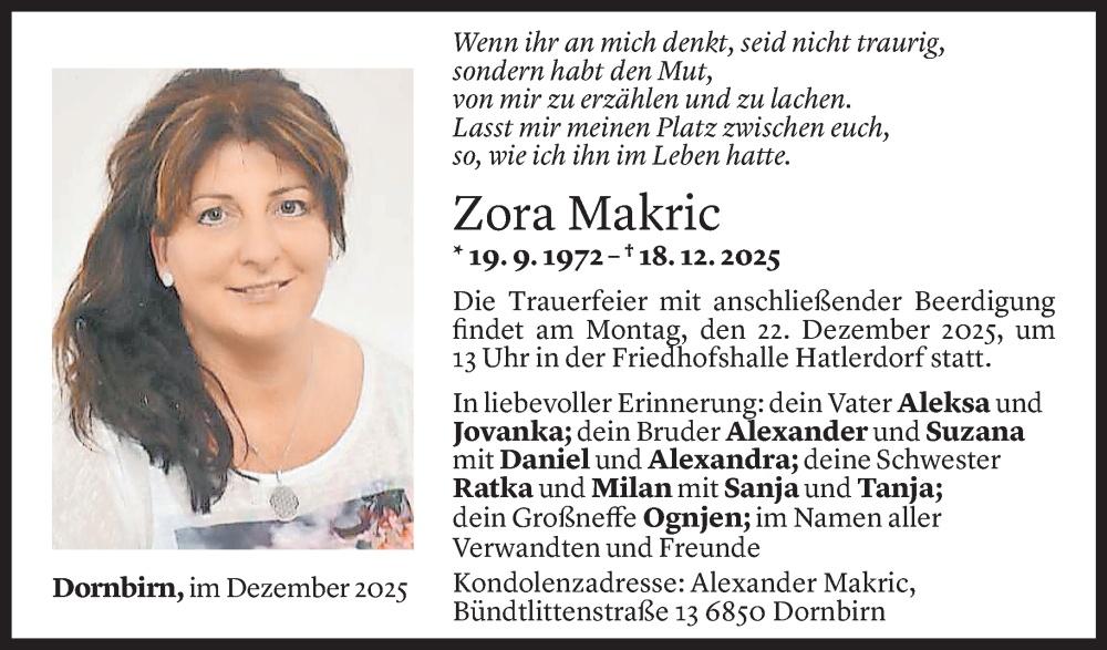  Todesanzeige für Zora Makric vom 19.12.2025 aus Vorarlberger Nachrichten