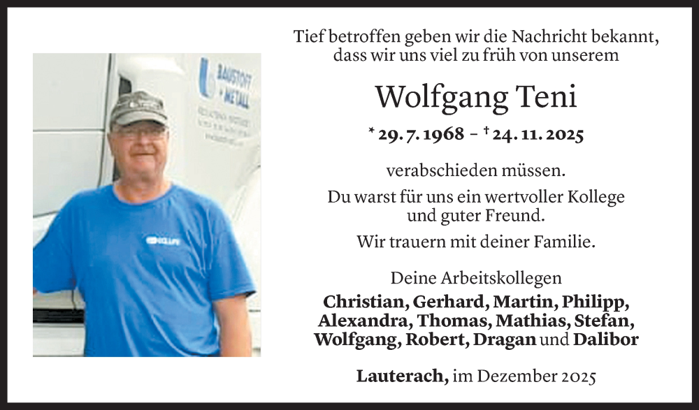  Todesanzeige für Wolfgang Teni vom 01.12.2025 aus vorarlberger nachrichten