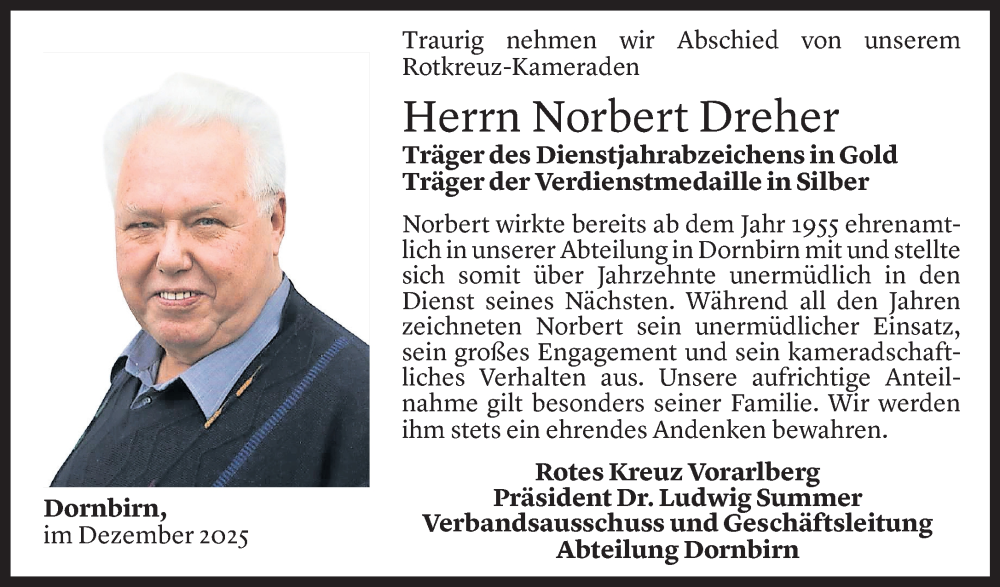 Todesanzeige für Norbert Dreher vom 16.12.2025 aus vorarlberger nachrichten