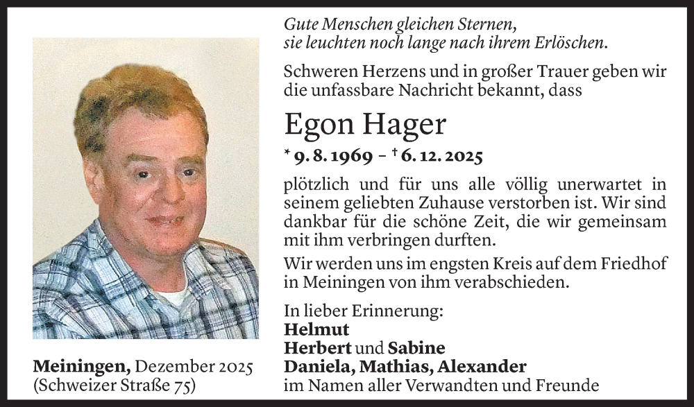  Todesanzeige für Egon Hager vom 11.12.2025 aus Vorarlberger Nachrichten
