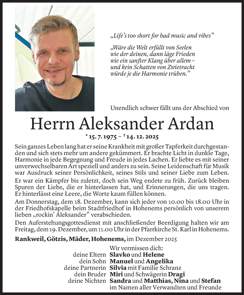  Todesanzeige für Aleksander Ardan vom 16.12.2025 aus Vorarlberger Nachrichten