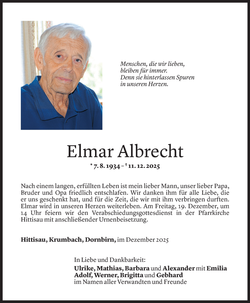  Todesanzeige für Elmar Albrecht vom 27.01.2026 aus Vorarlberger Nachrichten
