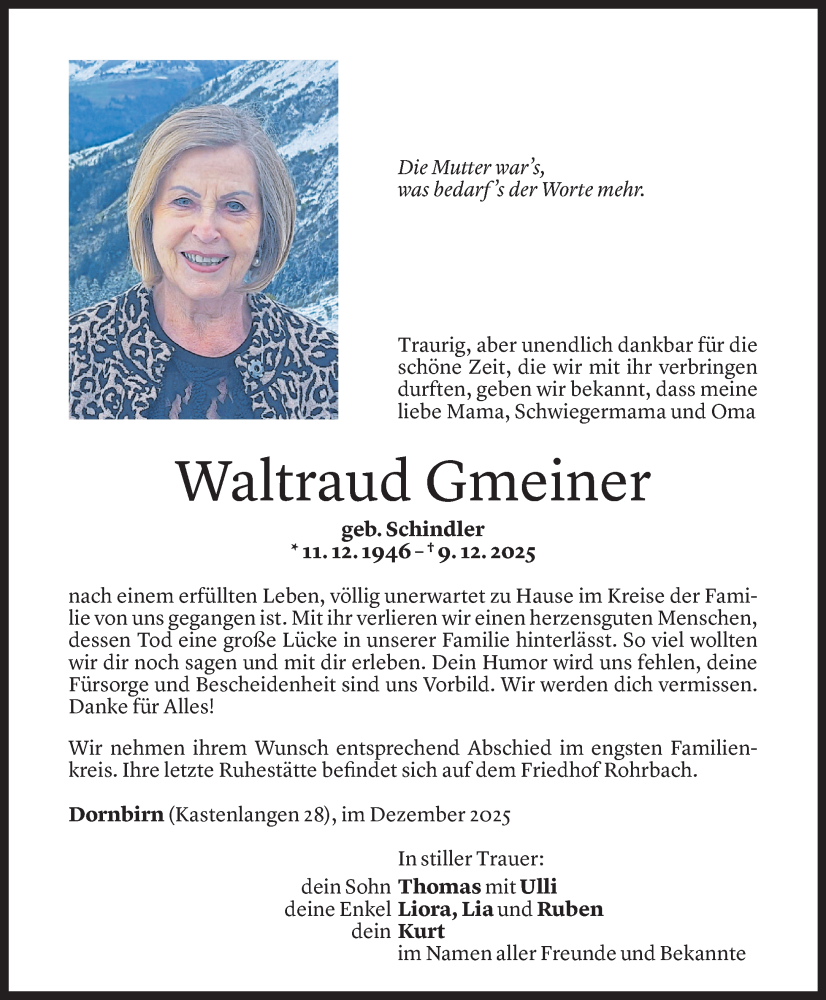  Todesanzeige für Waltraud Gmeiner vom 13.12.2025 aus Vorarlberger nachrichten