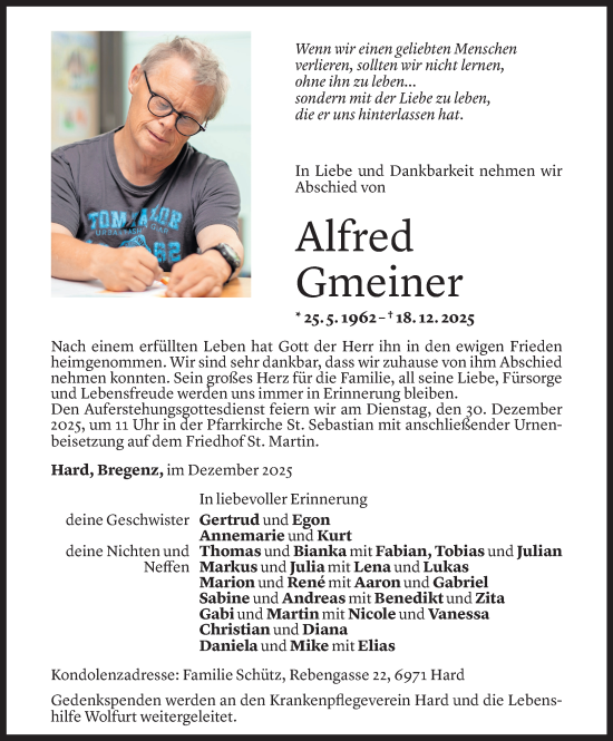 Todesanzeige von Alfred Gmeiner von vorarlberger nachrichten