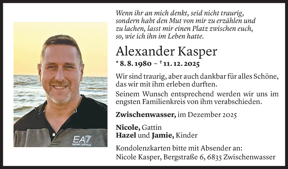  Todesanzeige für Alexander Kasper vom 20.12.2025 aus Vorarlberger Nachrichten