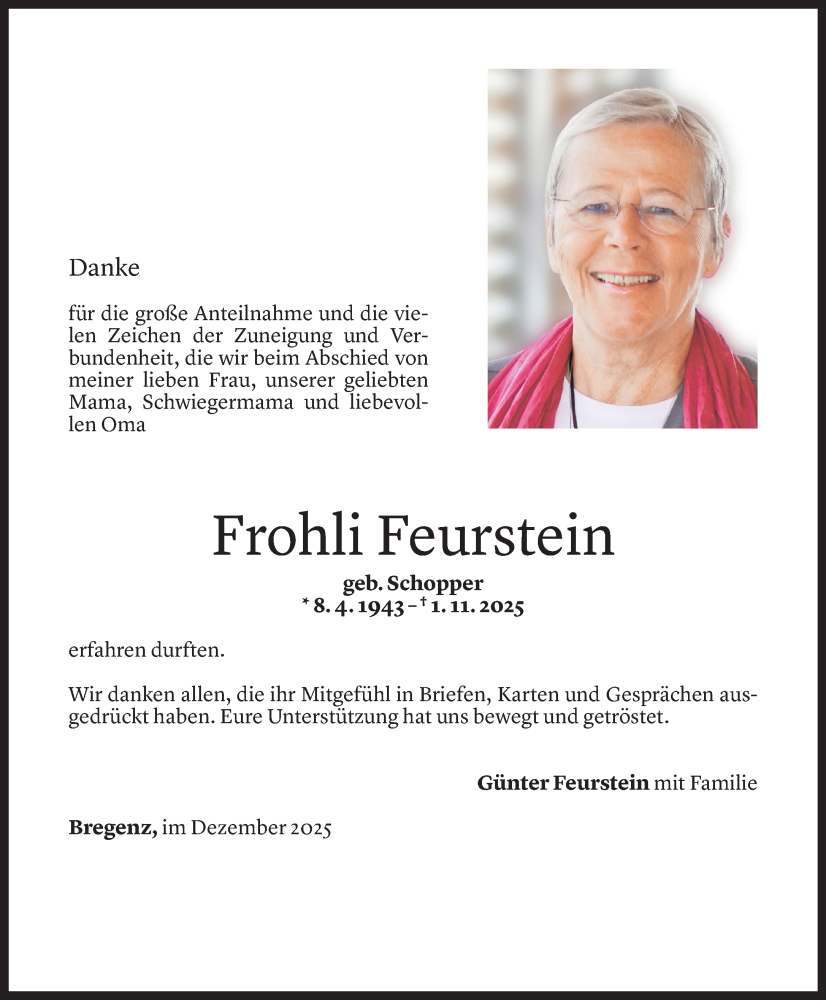  Todesanzeige für Frohli Feurstein vom 05.12.2025 aus Vorarlberger Nachrichten