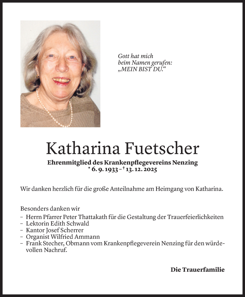  Todesanzeige für Katharina Fuetscher vom 29.12.2025 aus Vorarlberger Nachrichten