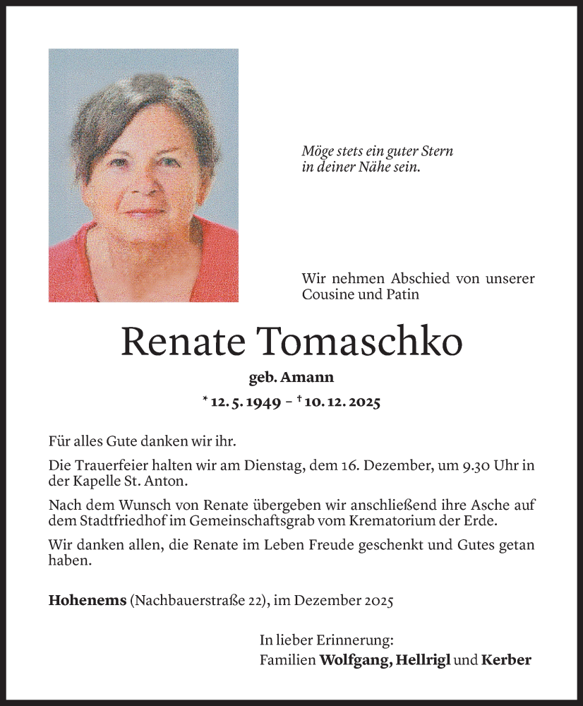  Todesanzeige für Renate Tomaschko vom 11.12.2025 aus Vorarlberger Nachrichten