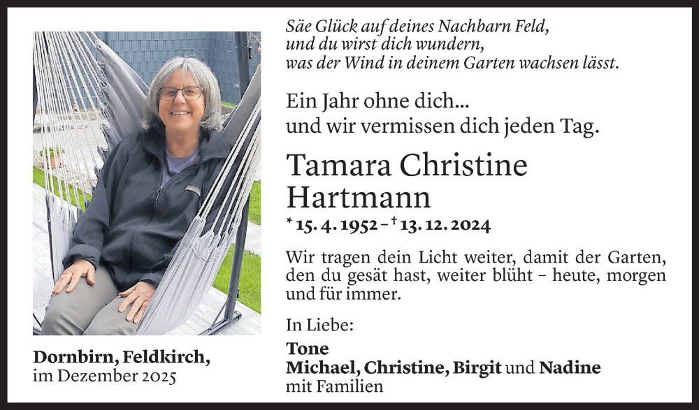  Todesanzeige für Tamara Christine Hartmann vom 13.12.2025 aus vorarlberger nachrichten
