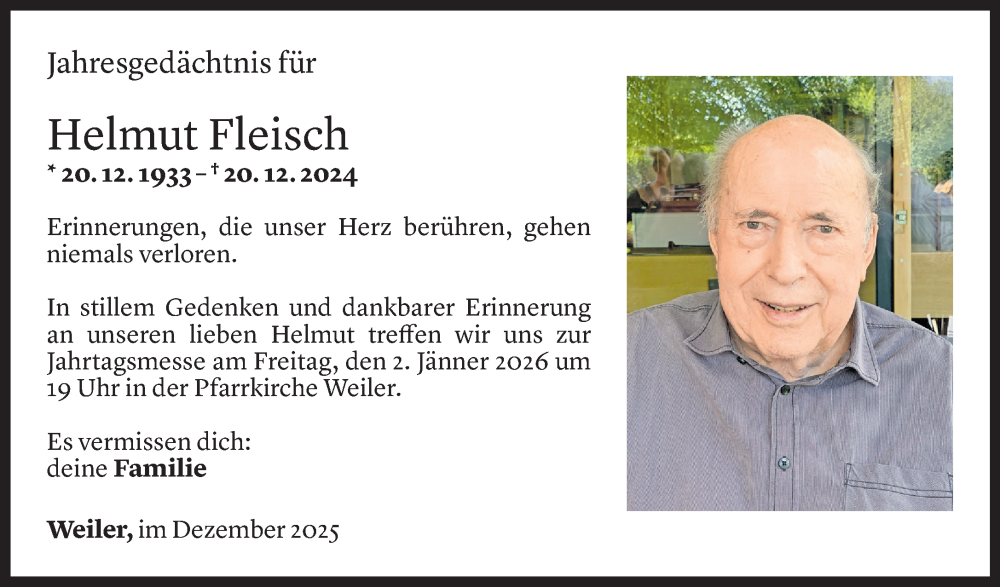  Todesanzeige für Helmut Fleisch vom 19.12.2025 aus Vorarlberger Nachrichten