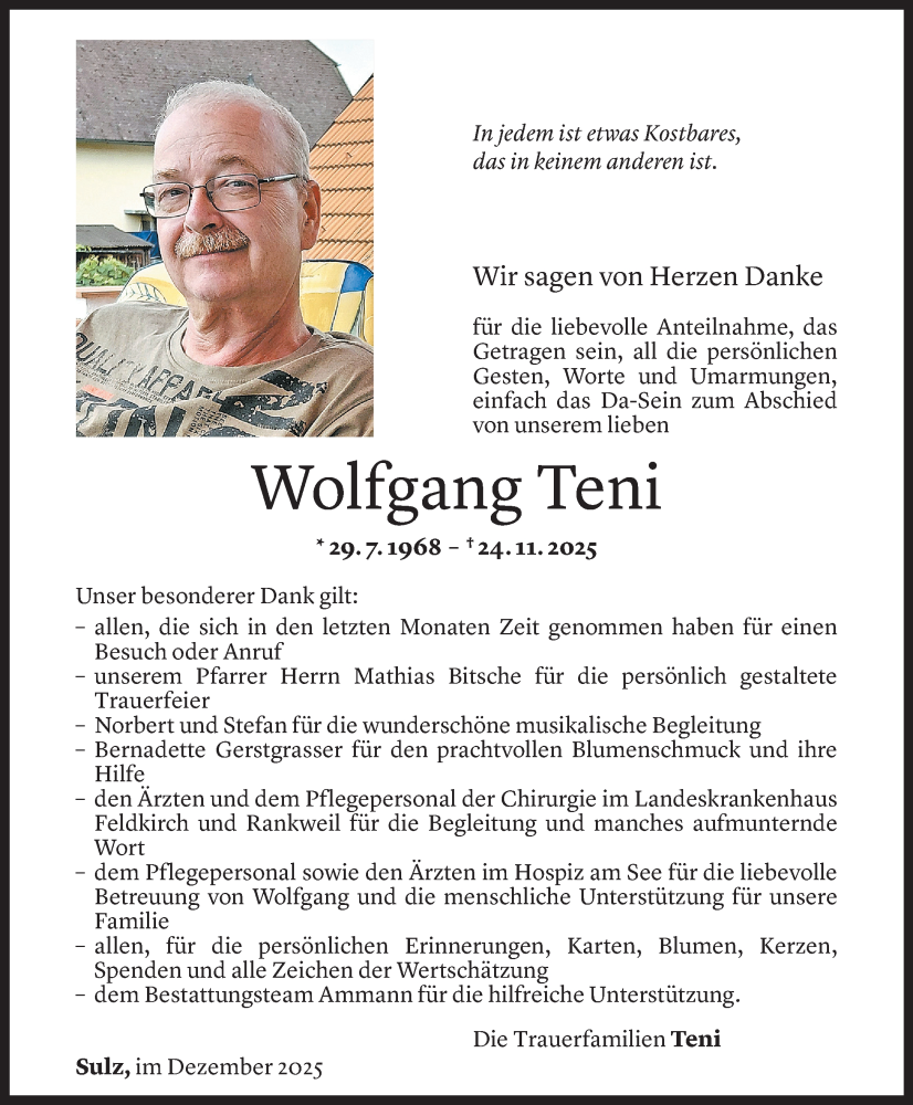 Todesanzeige für Wolfgang Teni vom 21.12.2025 aus Vorarlberger nachrichten