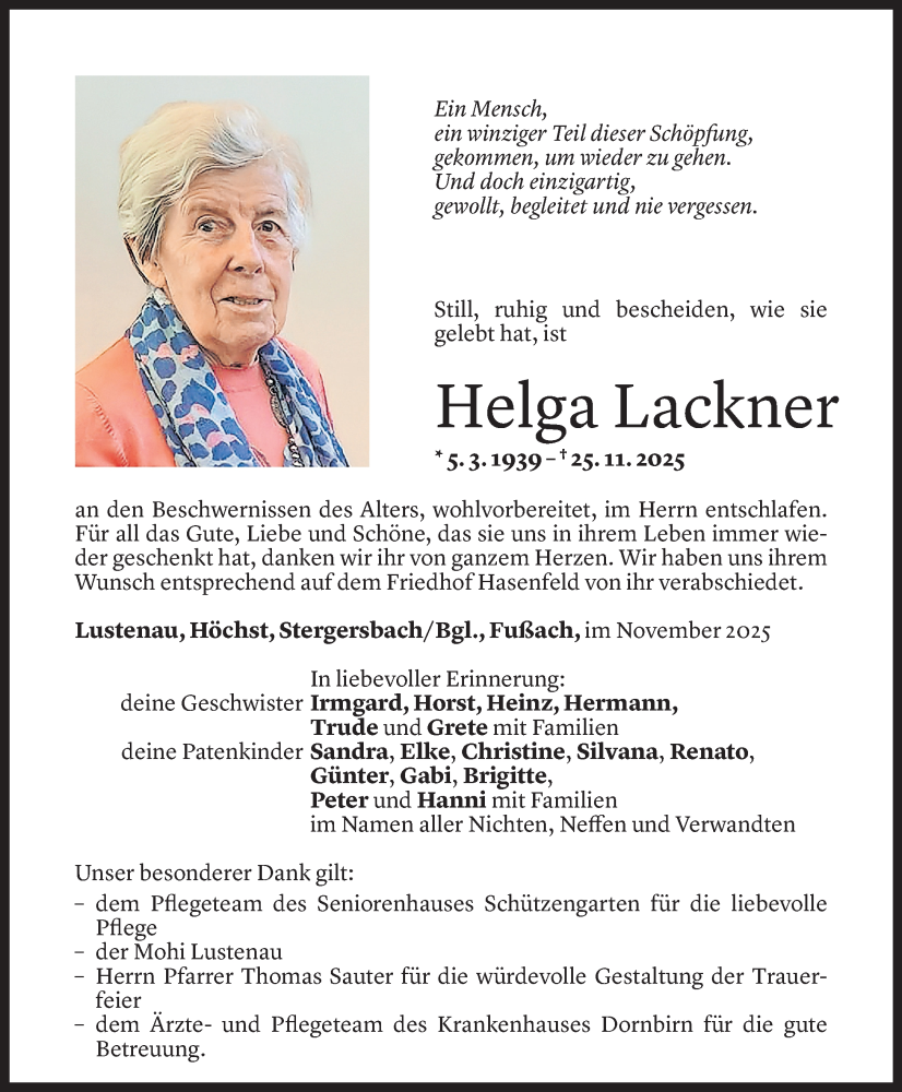  Todesanzeige für Helga Lackner vom 04.12.2025 aus vorarlberger nachrichten
