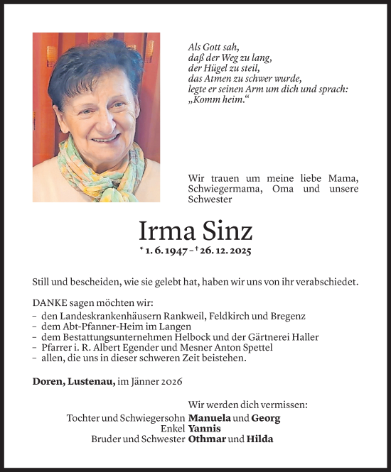 Todesanzeige von Irma Sinz von Vorarlberger Nachrichten