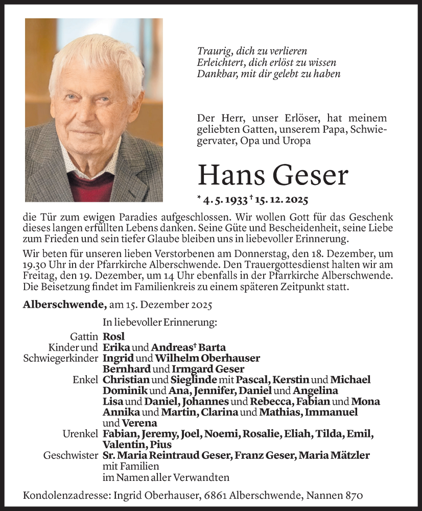  Todesanzeige für Hans Geser vom 16.12.2025 aus Vorarlberger nachrichten