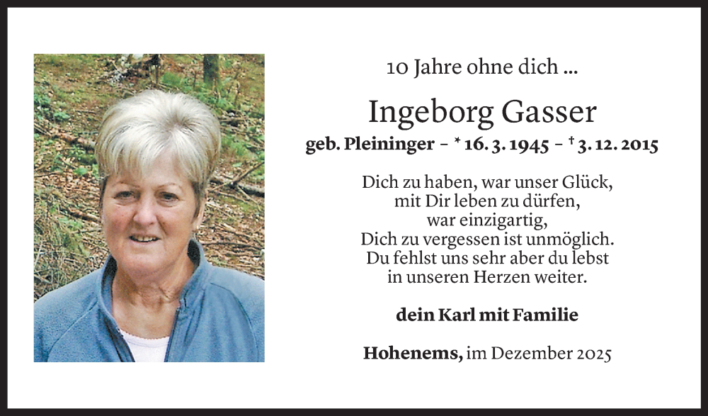  Todesanzeige für Ingeborg Gasser vom 02.12.2025 aus vorarlberger nachrichten