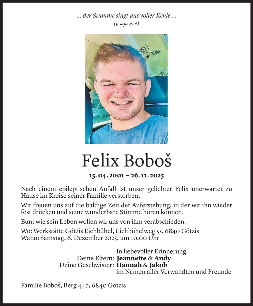  Todesanzeige für Felix Bobos vom 01.12.2025 aus VN