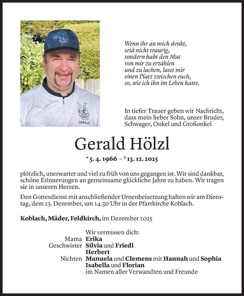  Todesanzeige für Gerald Hölzl vom 20.12.2025 aus Vorarlberger Nachrichten