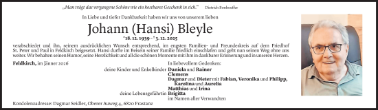 Todesanzeige von Johann Bleyle von Vorarlberger Nachrichten