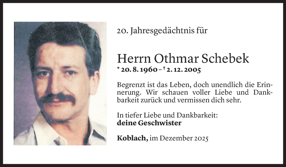  Todesanzeige für Othmar Schebek vom 01.12.2025 aus Vorarlberger Nachrichten