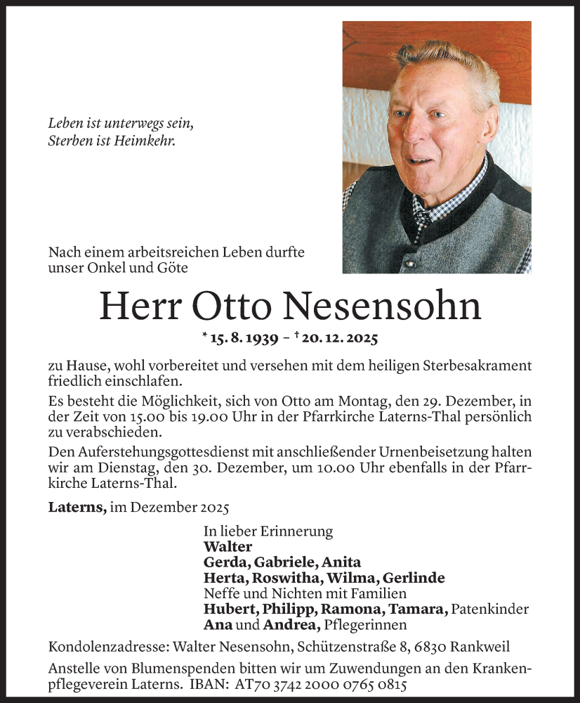  Todesanzeige für Otto Nesensohn vom 23.12.2025 aus Vorarlberger Nachrichten