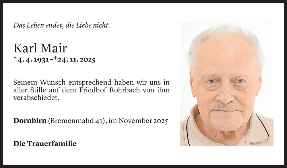  Todesanzeige für Karl Mair vom 05.12.2025 aus Vorarlberger Nachrichten