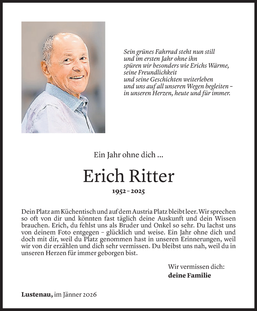  Todesanzeige für Erich Ritter vom 26.01.2026 aus vorarlberger nachrichten