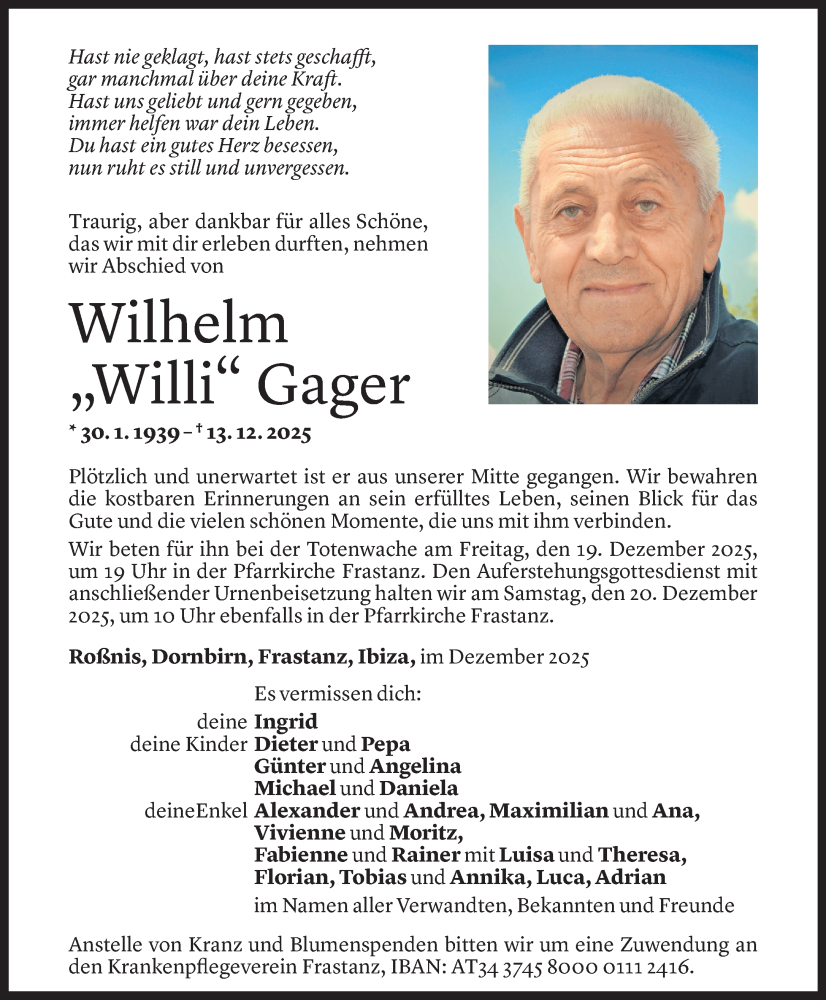  Todesanzeige für Wilhelm Gager vom 16.12.2025 aus Vorarlberger Nachrichten
