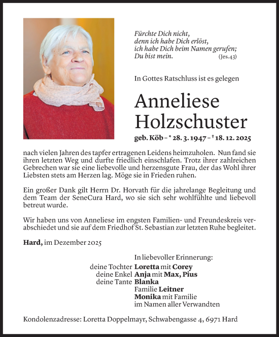Todesanzeige von Anneliese Holzschuster von vorarlberger nachrichten