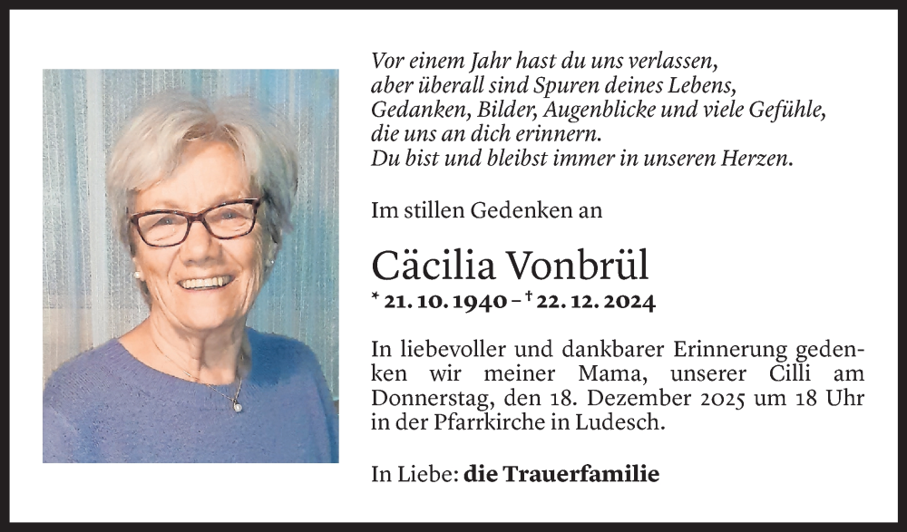  Todesanzeige für Cäcilia Vonbrül vom 15.12.2025 aus vorarlberger nachrichten